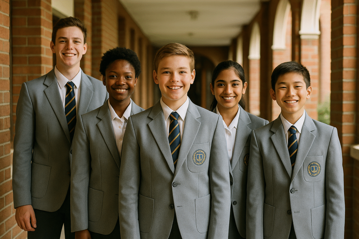 “Indian and expat students in light grey blazers by YFM School Uniforms standing proudly