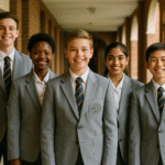 “Indian and expat students in light grey blazers by YFM School Uniforms standing proudly
