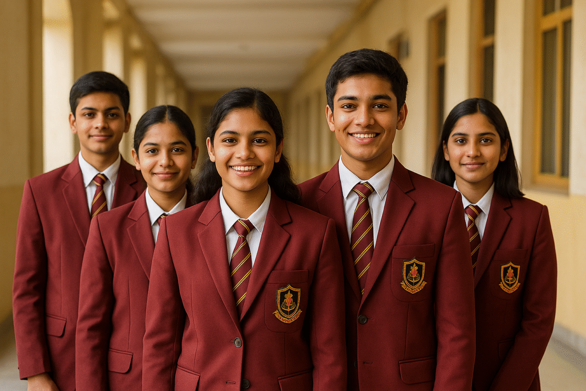 “Indian students wearing premium maroon blazers by YFM School Uniforms in school corridors”
