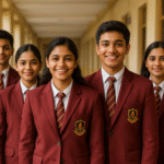 “Indian students wearing premium maroon blazers by YFM School Uniforms in school corridors”