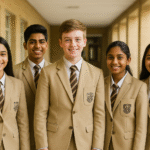 “Indian and expat students in beige blazers by YFM School Uniforms showcasing unity and pride”
