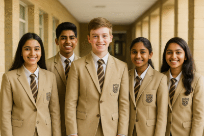 “Indian and expat students in beige blazers by YFM School Uniforms showcasing unity and pride”