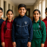 “Indian school students in high-quality YFM tracksuits with school logo standing proudly in corridor – premium school uniforms India”