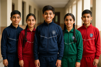 “Indian school students in high-quality YFM tracksuits with school logo standing proudly in corridor – premium school uniforms India”