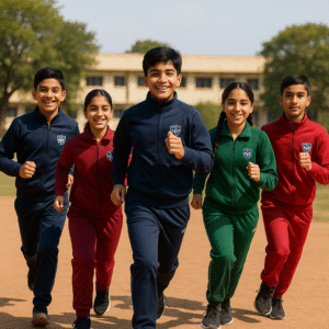 “Group of students wearing customized YFM tracksuits during school sports day on Indian playground”