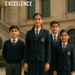 “Group of students from a premium Indian school proudly wearing YFM uniforms in front of campus building.”