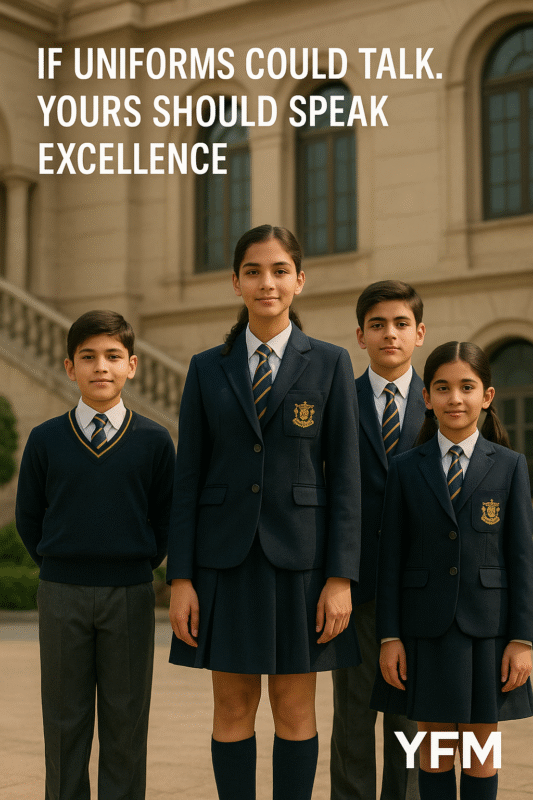 “Group of students from a premium Indian school proudly wearing YFM uniforms in front of campus building.”