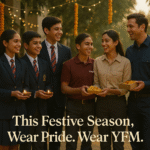 “Indian school students and professionals in premium YFM uniforms smiling together during Diwali celebrations — text overlay reads: ‘This Festive Season, Wear Pride. Wear YFM.’”