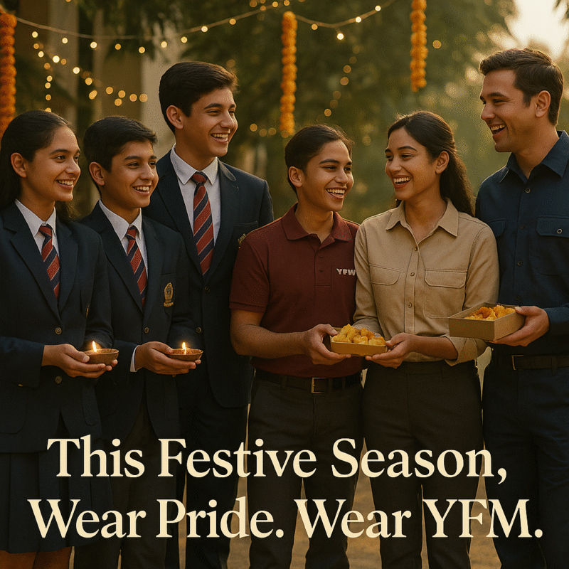 “Indian school students and professionals in premium YFM uniforms smiling together during Diwali celebrations — text overlay reads: ‘This Festive Season, Wear Pride. Wear YFM.’”