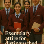 Four Indian students in crisp burgundy YFM school uniforms standing confidently in front of a premium school campus, representing discipline, unity, and excellence.