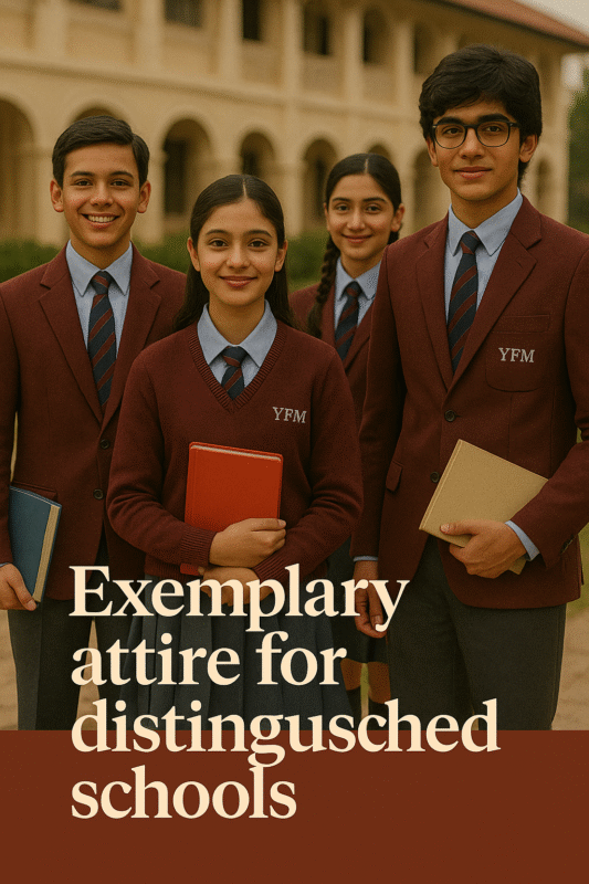 Four Indian students in crisp burgundy YFM school uniforms standing confidently in front of a premium school campus, representing discipline, unity, and excellence.
