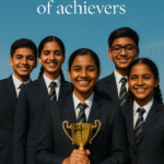 A group of five Indian school students in elegant formal uniforms proudly holding a trophy outdoors, symbolizing achievement and unity — photographed in natural daylight with the caption “The Uniform of Achievers.”