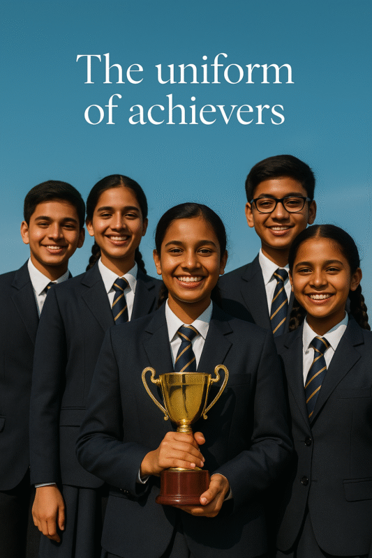 A group of five Indian school students in elegant formal uniforms proudly holding a trophy outdoors, symbolizing achievement and unity — photographed in natural daylight with the caption “The Uniform of Achievers.”