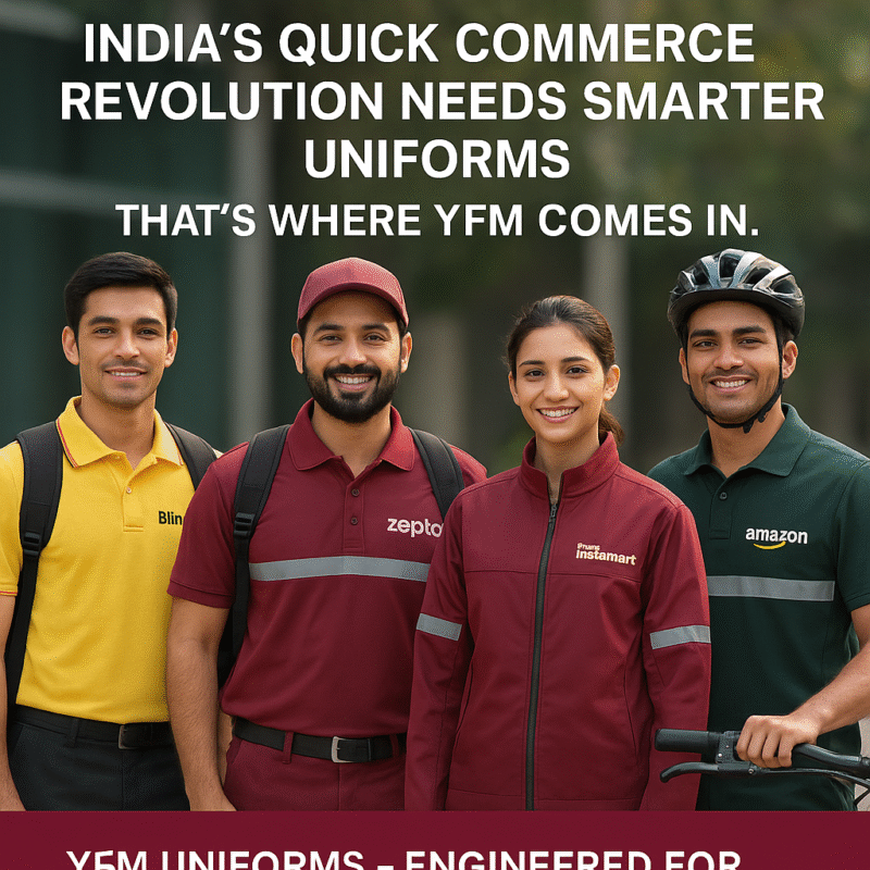 “Indian quick commerce delivery riders wearing YFM-engineered burgundy uniforms with reflective trims, standing beside branded delivery bikes in an urban setting — showcasing premium, durable, and comfortable uniforms for e-commerce and quick commerce companies in India.”
